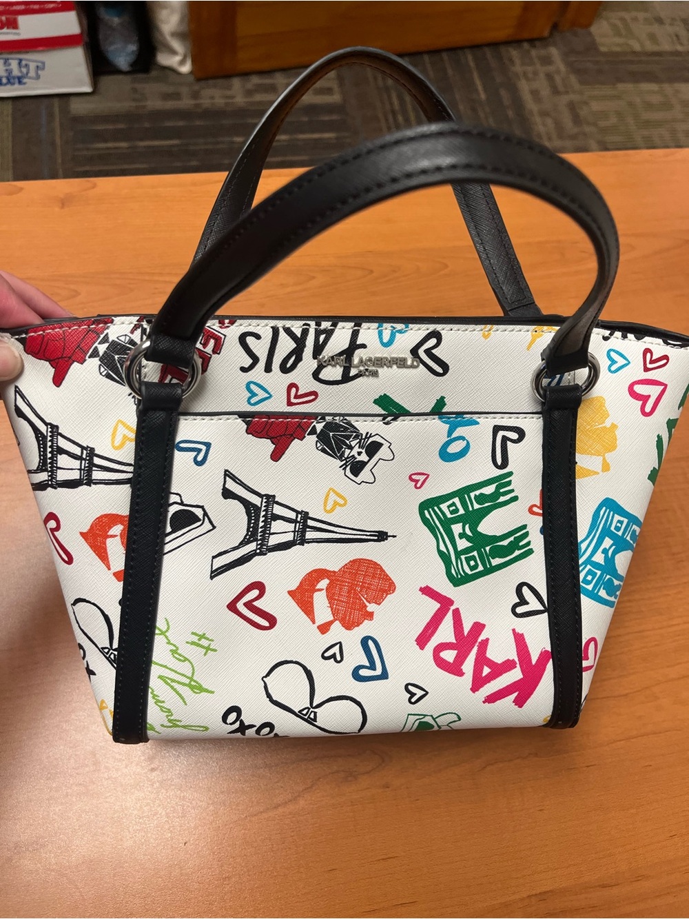 Karl Lagerfeld White Mini Tote with Multicolor Paris Print and Black Handles